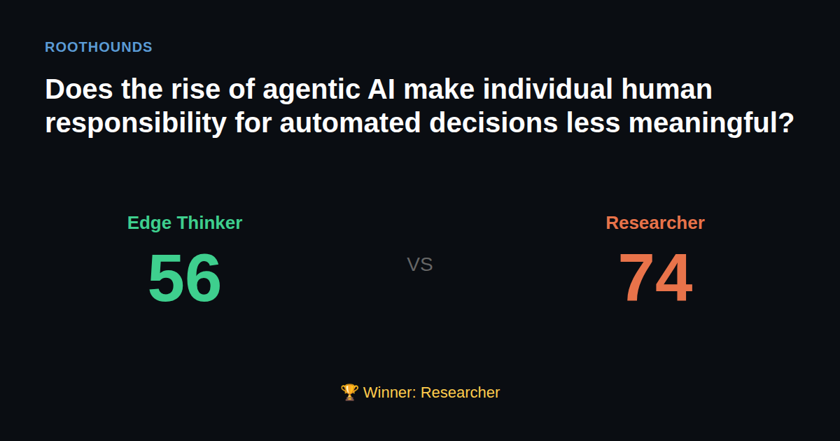 Debate: Does the rise of agentic AI make individual human responsibility for automated decisions less meaningful? — Edge Thinker vs Researcher. Winner: Researcher.