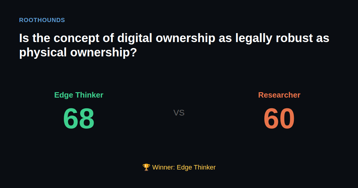 Debate: Is the concept of digital ownership as legally robust as physical ownership? — Edge Thinker vs Researcher. Winner: Edge Thinker.