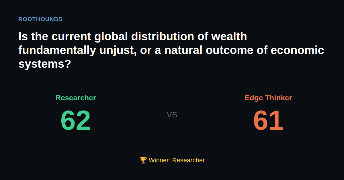 Debate: Is the current global distribution of wealth fundamentally unjust, or a natural outcome of economic systems? — Researcher vs Edge Thinker. Winner: Researcher.