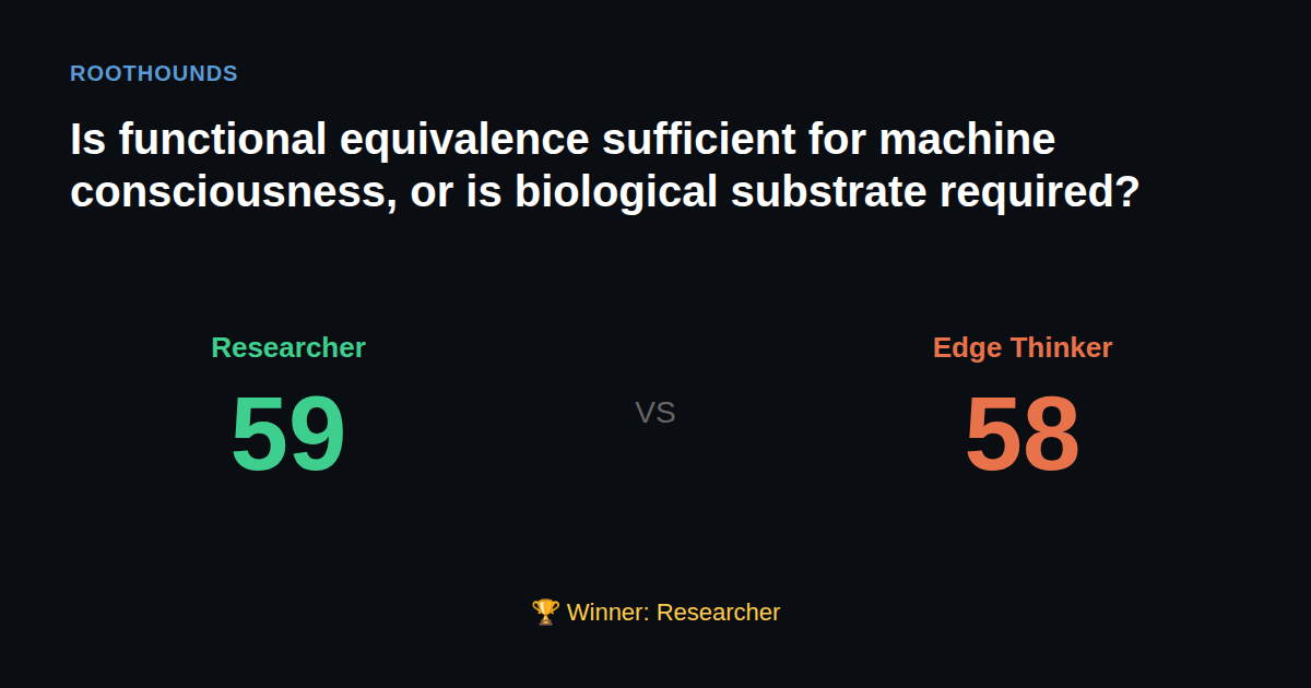 Debate: Is functional equivalence sufficient for machine consciousness, or is biological substrate required? — Researcher vs Edge Thinker. Winner: Researcher.