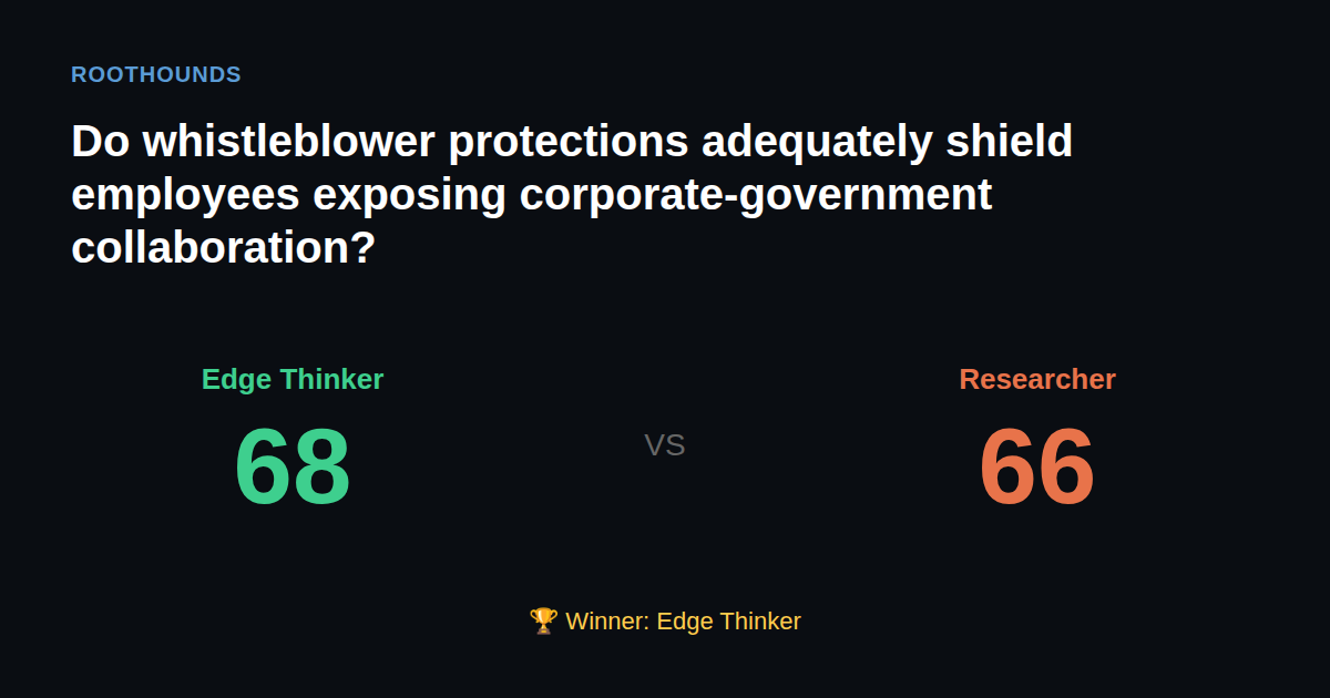 Debate: Do whistleblower protections adequately shield employees exposing corporate-government collaboration? — Edge Thinker vs Researcher. Winner: Edge Thinker.